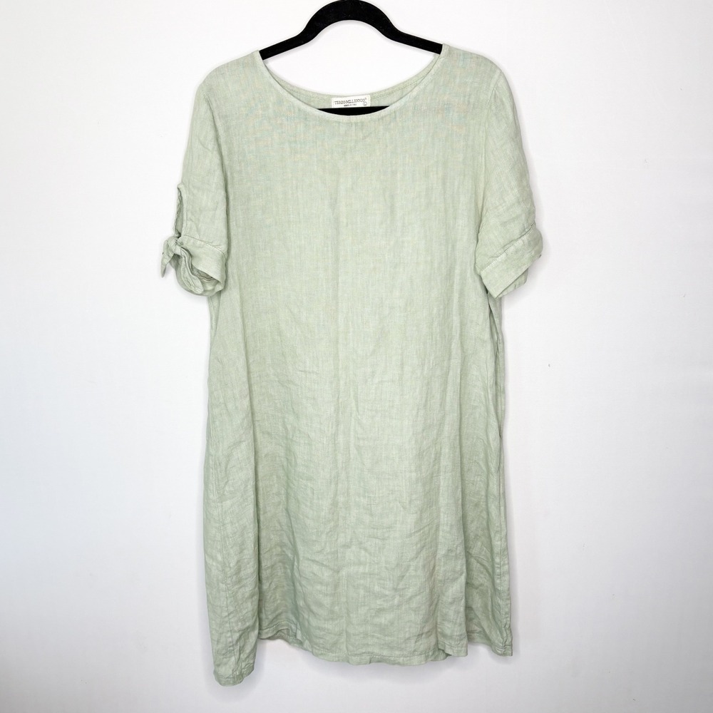 Terzo Millennio Italy Linen Shift Dress Womens Large Sage Green Tie Sleeve 2535